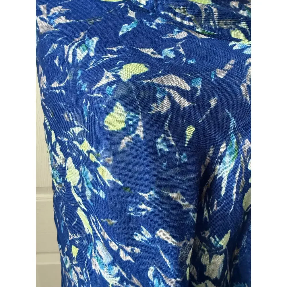 Coldwater Creek Blue Floral Linen Blend Scarf Wrap Fringe 27x 74 Coastal Boho